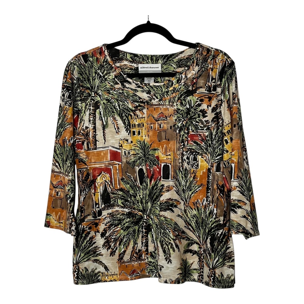 Alfred Dunner Petite PL Scenic Palm Tree 3/4 Sleeve Scoop Neck Top Art Wear